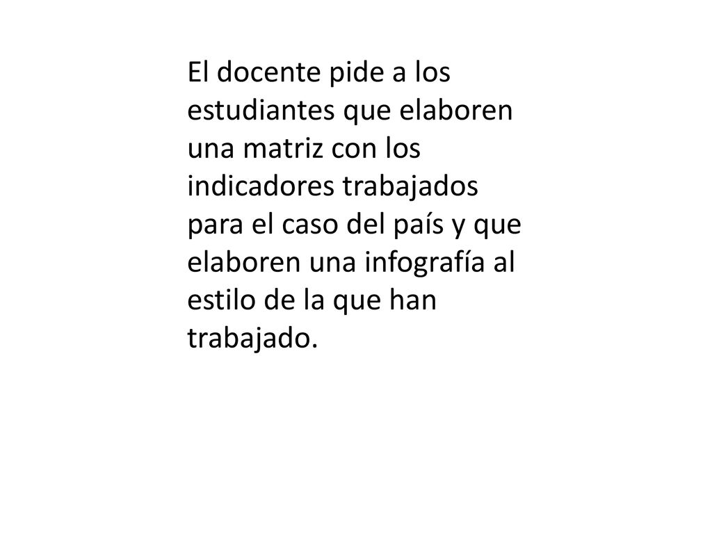 El docente pide a los estudiantes que elaboren una matriz con los indicadores trabajados para el caso del país y que elaboren una infografía al estilo de la que han trabajado.