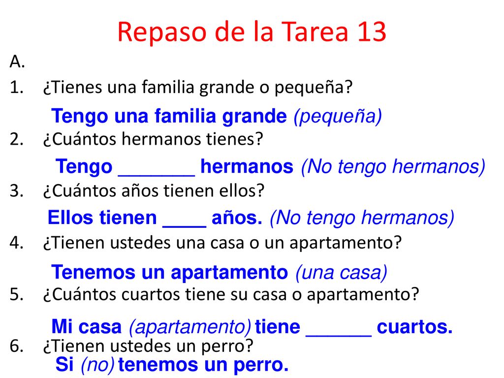 Repaso de la Tarea 13 A. ¿Tienes una familia grande o pequeña