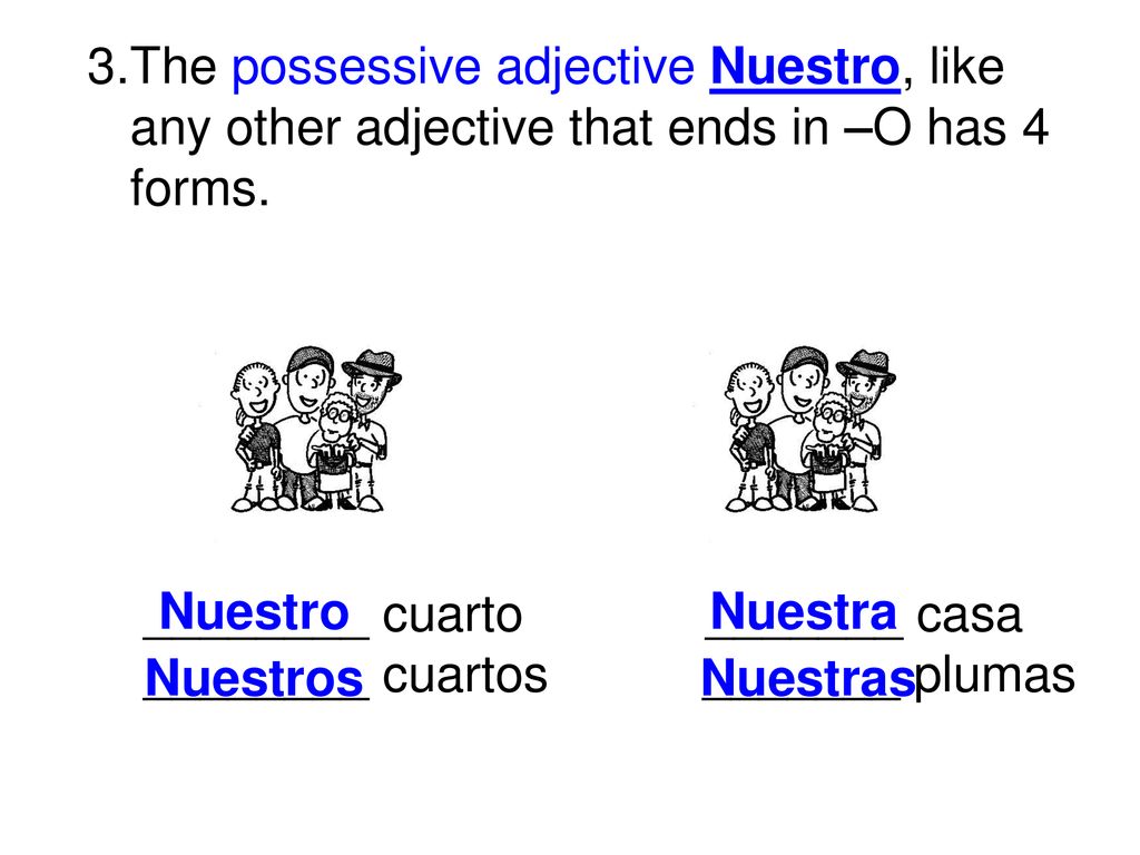 The possessive adjective Nuestro, like any other adjective that ends in –O has 4 forms.