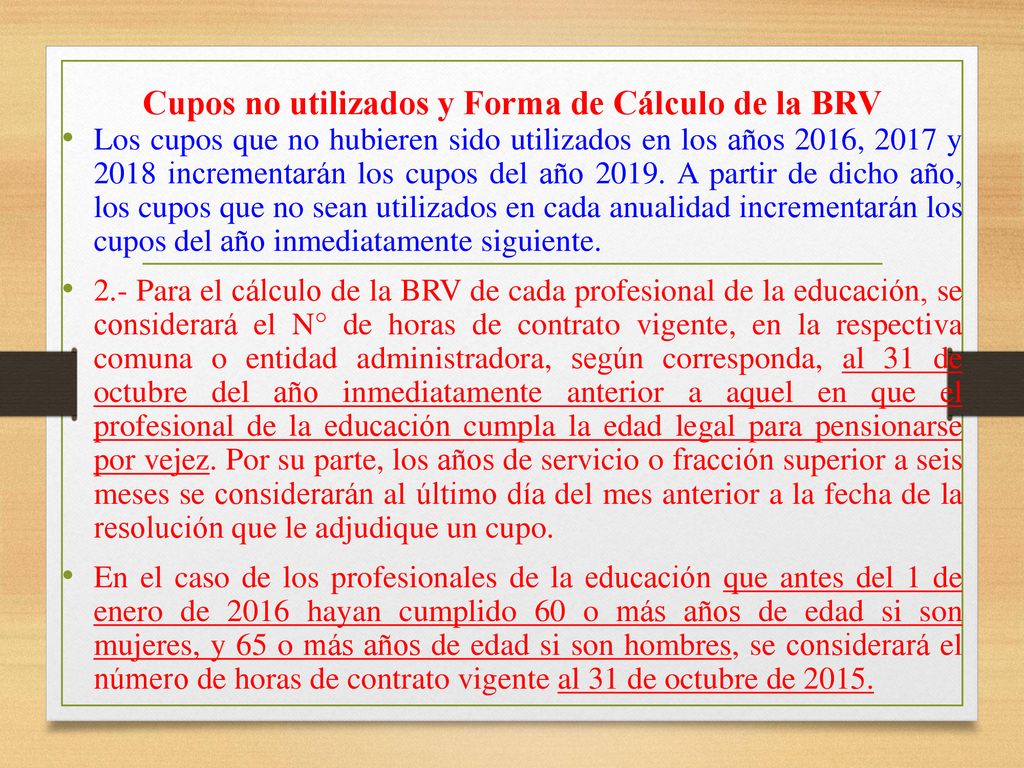 Cupos no utilizados y Forma de Cálculo de la BRV