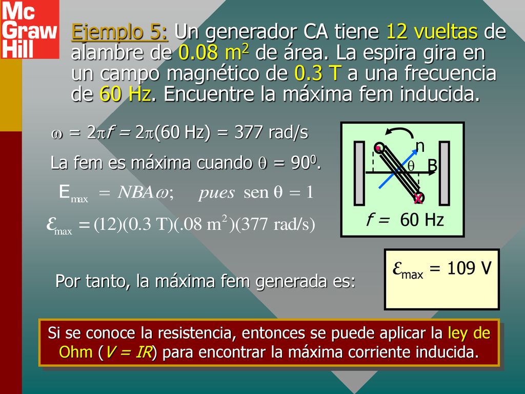 Ejemplo 5: Un generador CA tiene 12 vueltas de alambre de 0