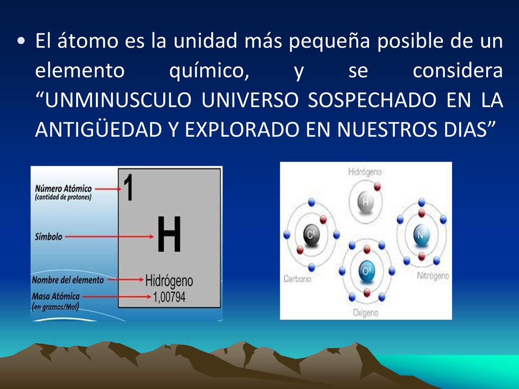 El átomo es la unidad más pequeña posible de un elemento químico, y se considera UNMINUSCULO UNIVERSO SOSPECHADO EN LA ANTIGÜEDAD Y EXPLORADO EN NUESTROS DIAS