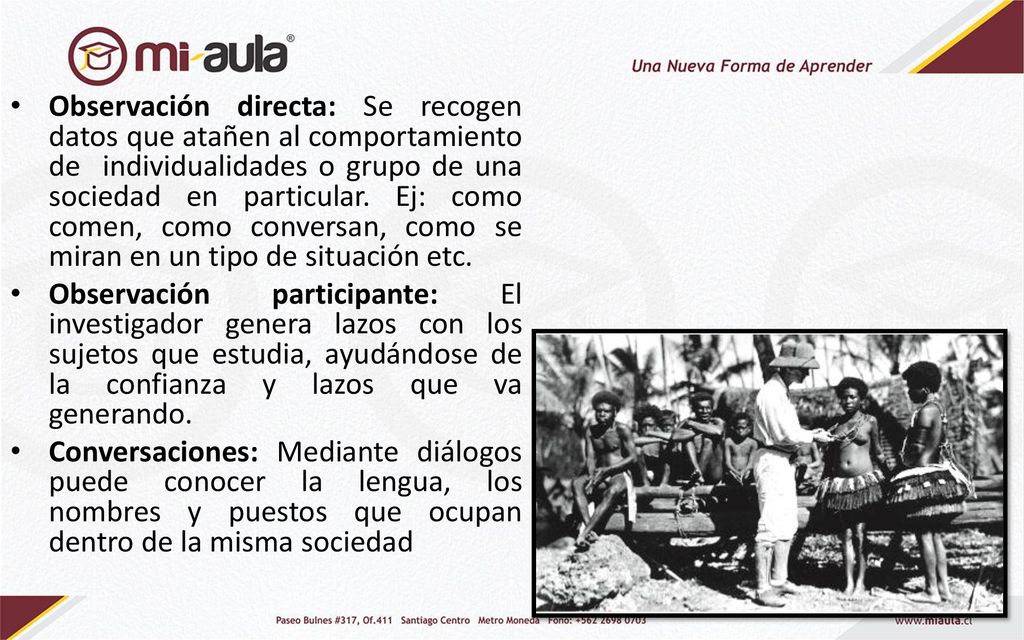 Observación directa: Se recogen datos que atañen al comportamiento de individualidades o grupo de una sociedad en particular. Ej: como comen, como conversan, como se miran en un tipo de situación etc.