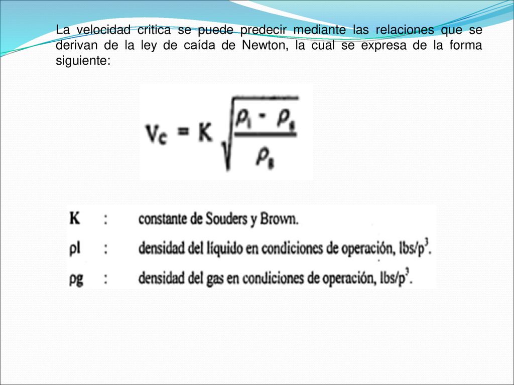 La velocidad critica se puede predecir mediante las relaciones que se derivan de la ley de caída de Newton, la cual se expresa de la forma siguiente:
