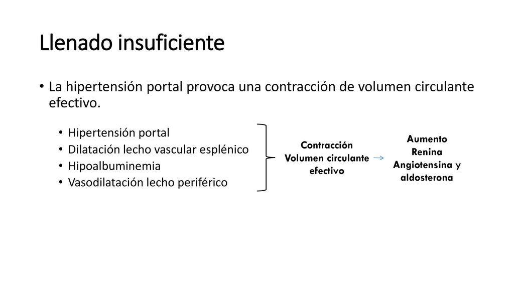 Llenado insuficiente La hipertensión portal provoca una contracción de volumen circulante efectivo.