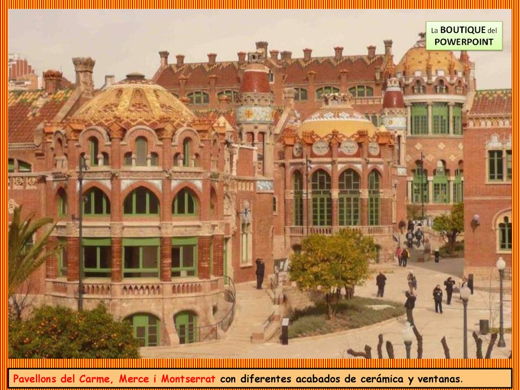 Pavellons del Carme, Merce i Montserrat con diferentes acabados de cerámica y ventanas.