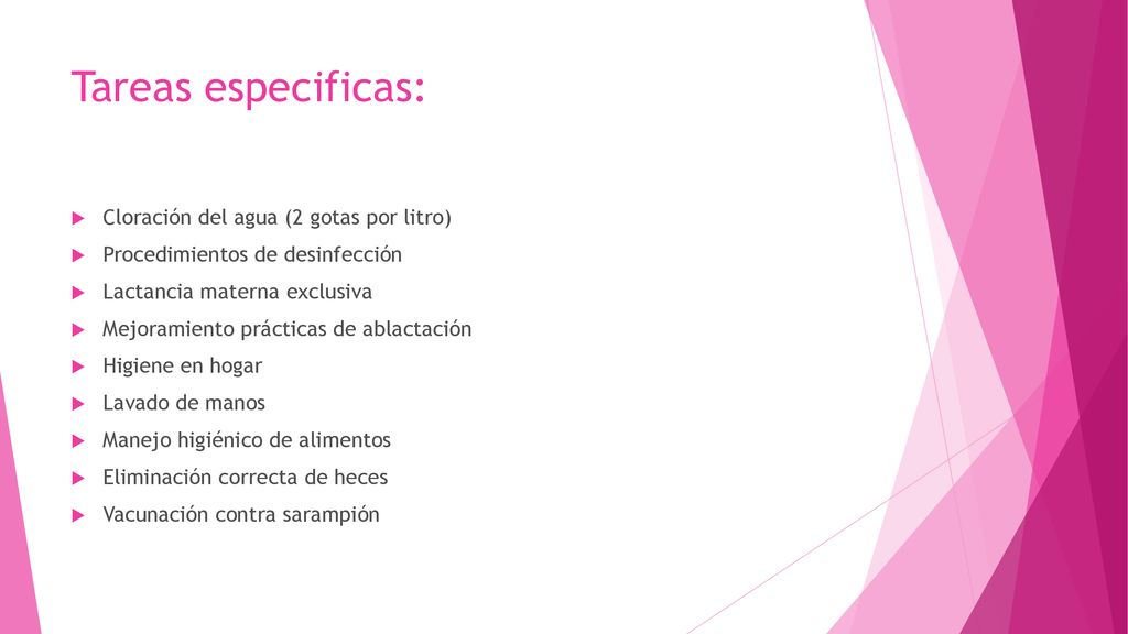 Tareas especificas: Cloración del agua (2 gotas por litro)