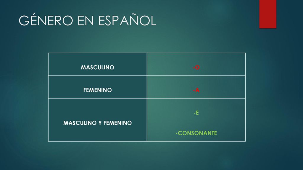 GÉNERO EN ESPAÑOL MASCULINO -O FEMENINO -A MASCULINO Y FEMENINO -E