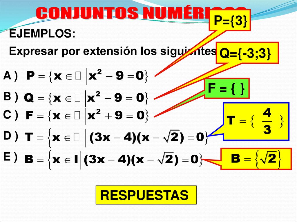 CONJUNTOS NUMÉRICOS P={3} Q={-3;3} F = { } RESPUESTAS EJEMPLOS:
