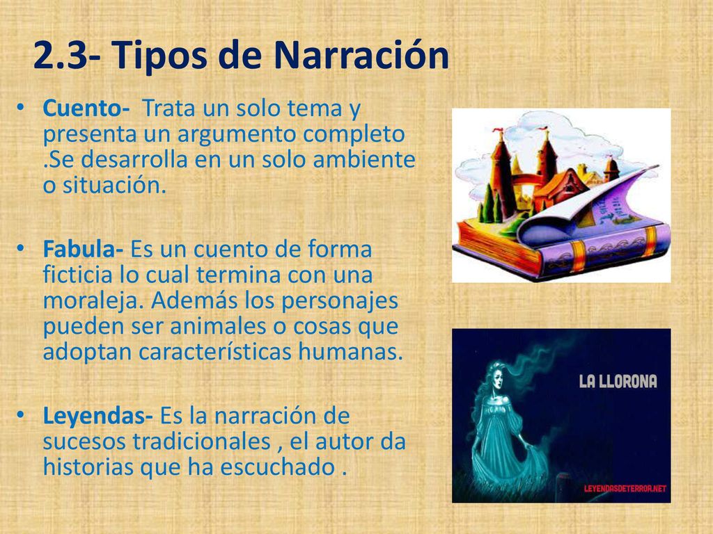 2.3- Tipos de Narración Cuento- Trata un solo tema y presenta un argumento completo .Se desarrolla en un solo ambiente o situación.