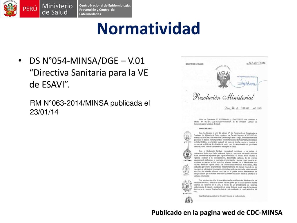 Normatividad DS N°054-MINSA/DGE – V.01 Directiva Sanitaria para la VE de ESAVI . RM N° /MINSA publicada el 23/01/14.