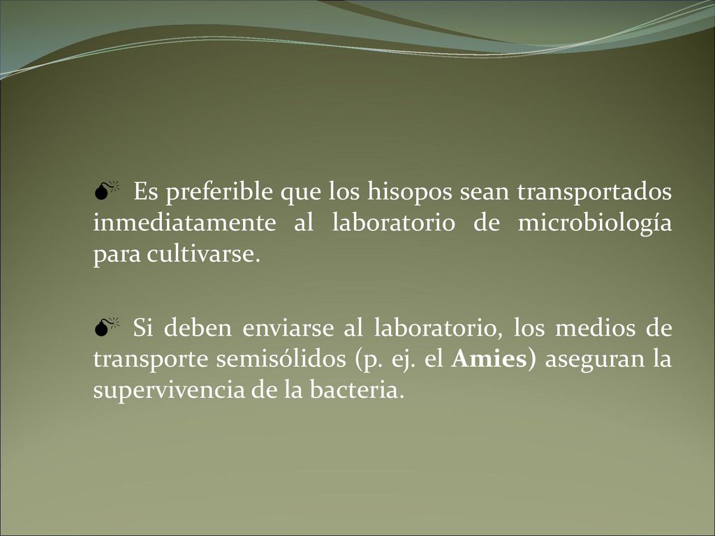 Es preferible que los hisopos sean transportados inmediatamente al laboratorio de microbiología para cultivarse.