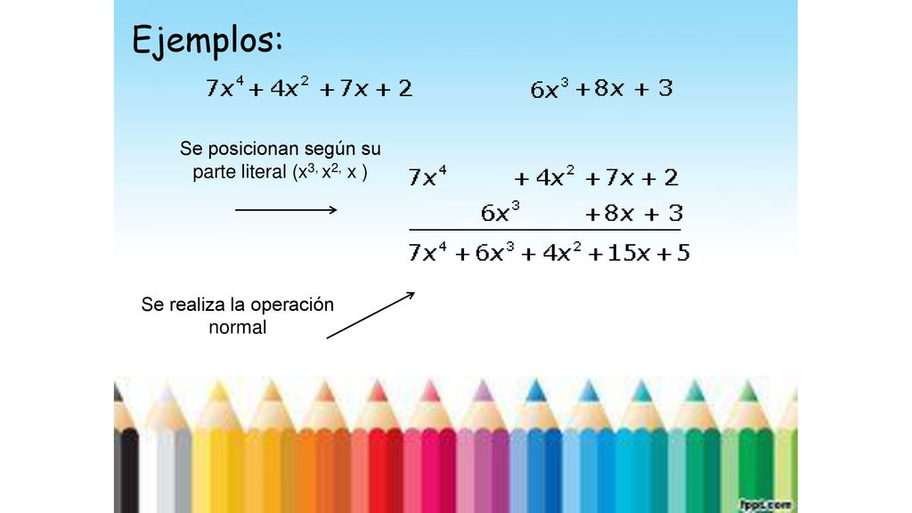 Ejemplos: Se posicionan según su parte literal (x3, x2, x )