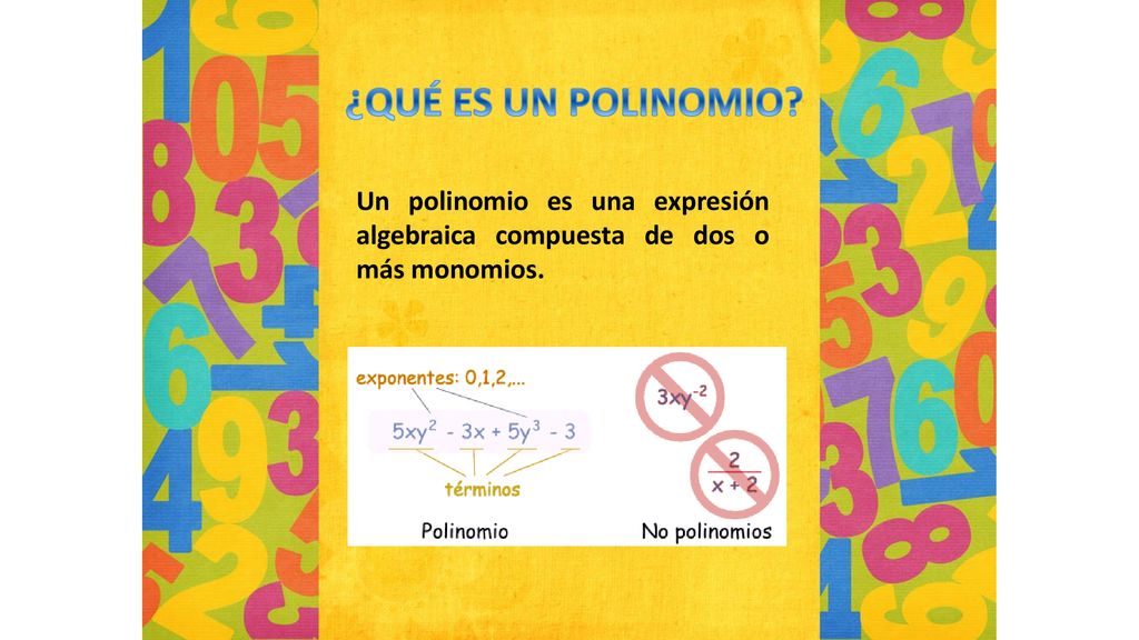 ¿QUÉ ES UN POLINOMIO Un polinomio es una expresión algebraica compuesta de dos o más monomios.