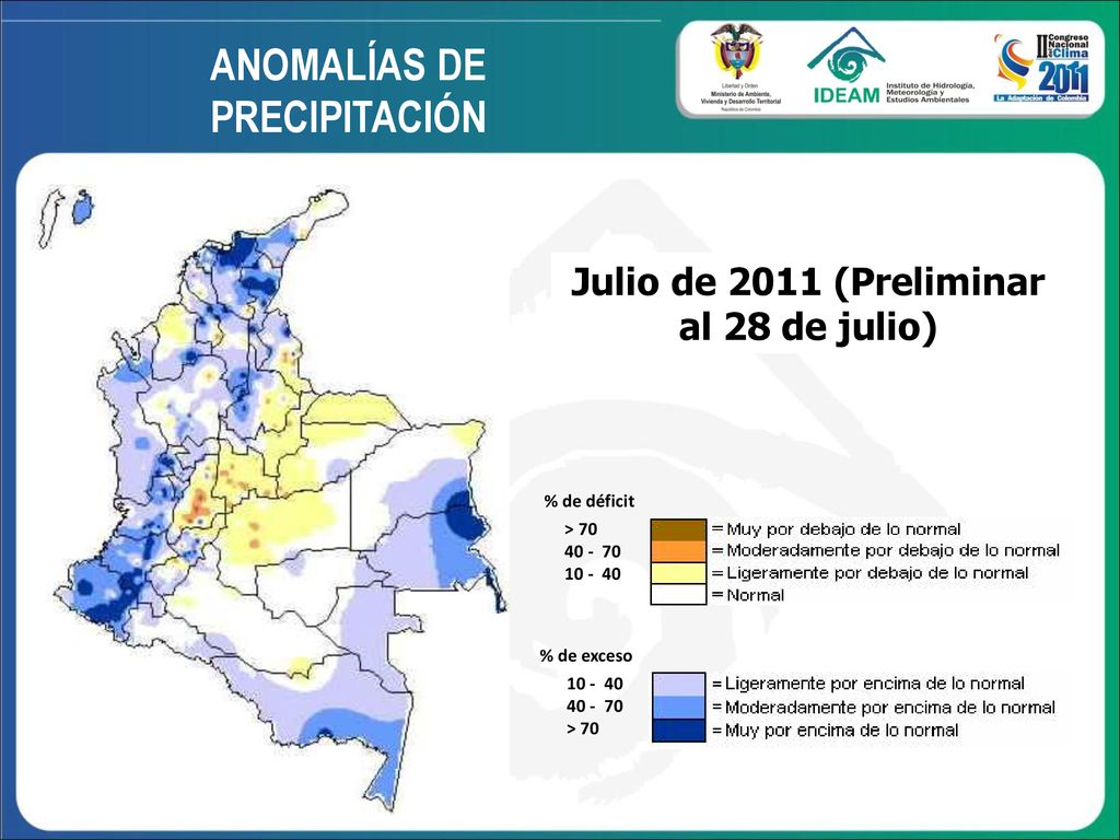 ANOMALÍAS DE PRECIPITACIÓN Julio de 2011 (Preliminar al 28 de julio)