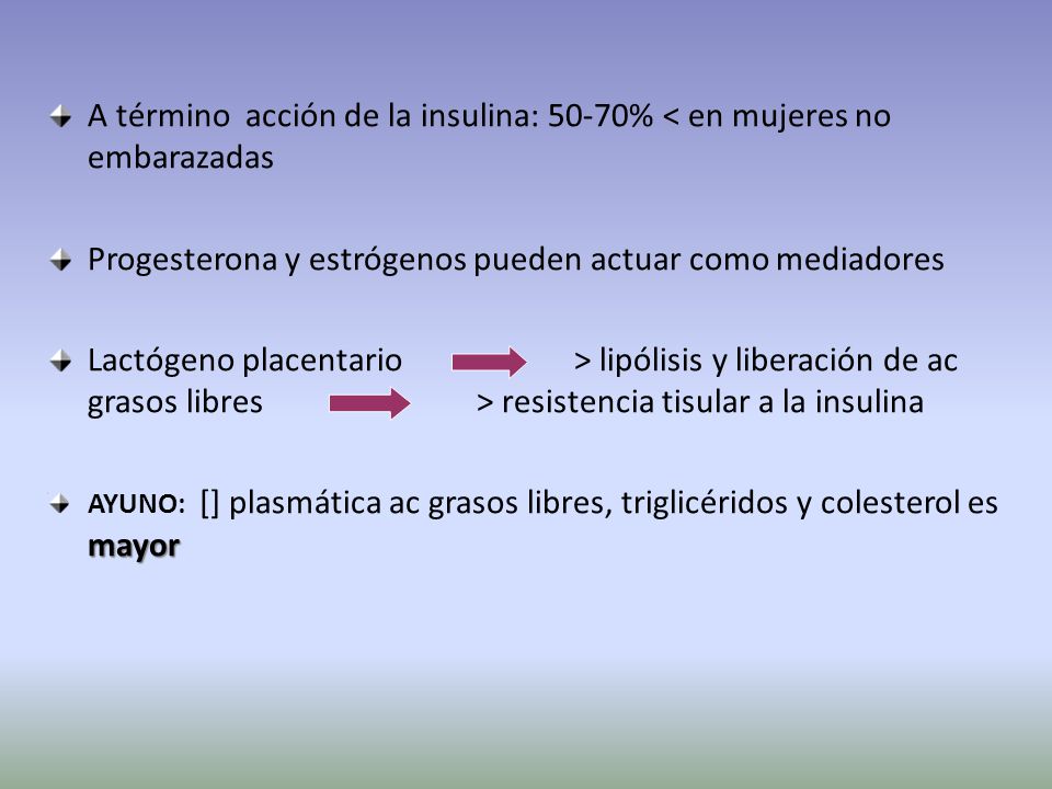 A término acción de la insulina: 50-70% < en mujeres no embarazadas