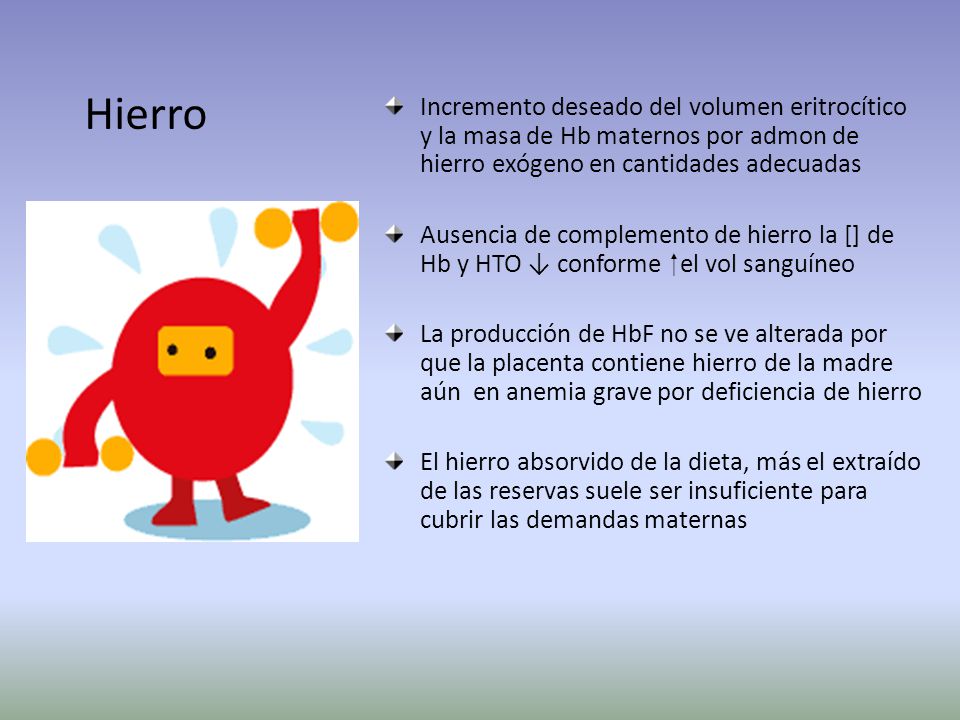 Hierro Incremento deseado del volumen eritrocítico y la masa de Hb maternos por admon de hierro exógeno en cantidades adecuadas.