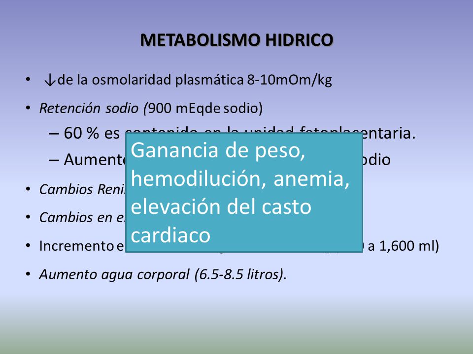 Ganancia de peso, hemodilución, anemia, elevación del casto cardiaco