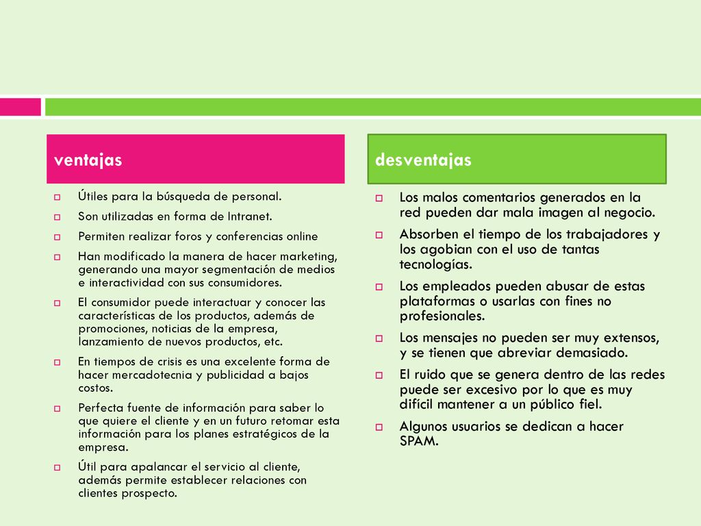 ventajas desventajas. Útiles para la búsqueda de personal. Son utilizadas en forma de Intranet. Permiten realizar foros y conferencias online.