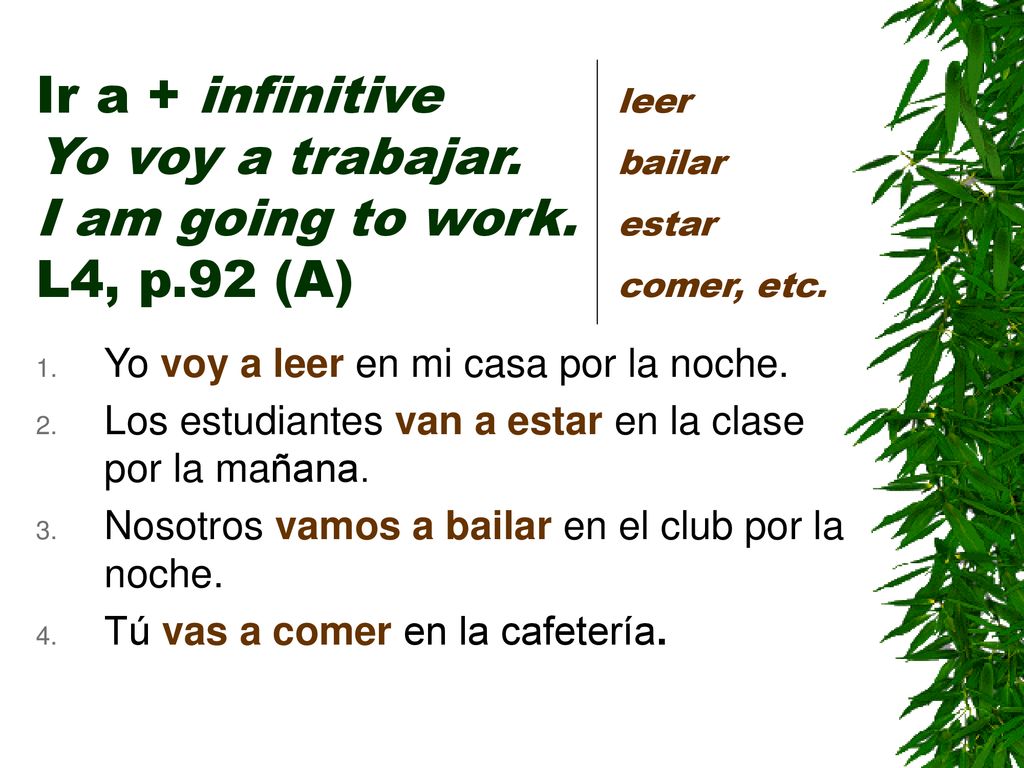 Ir a + infinitive. leer Yo voy a trabajar. bailar I am going to work
