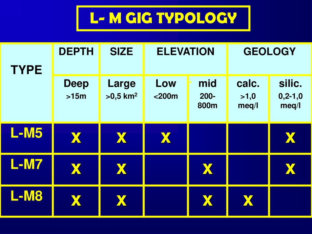 x L- M GIG TYPOLOGY L-M5 L-M7 L-M8 TYPE DEPTH SIZE ELEVATION GEOLOGY