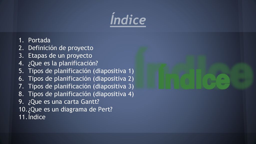 Índice Portada Definición de proyecto Etapas de un proyecto