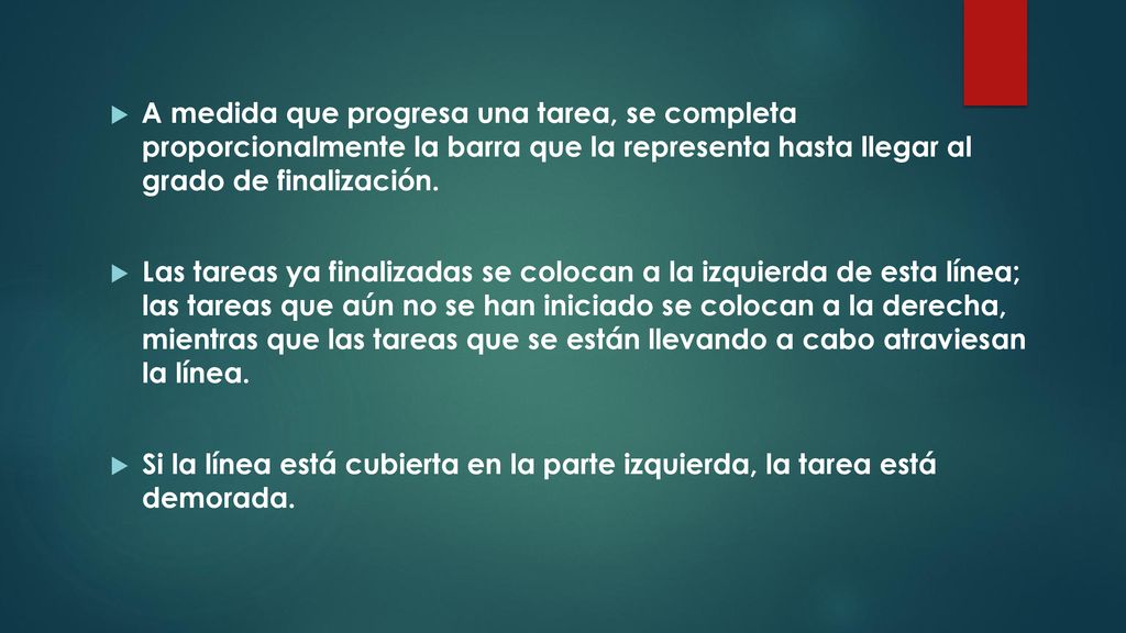 A medida que progresa una tarea, se completa proporcionalmente la barra que la representa hasta llegar al grado de finalización.