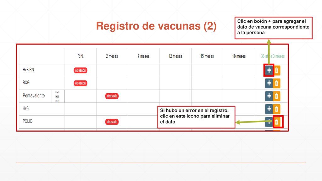 Registro de vacunas (2) Clic en botón + para agregar el dato de vacuna correspondiente a la persona.