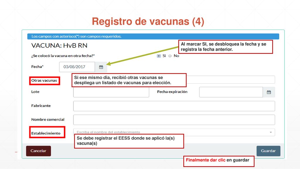 Registro de vacunas (4) Al marcar SI, se desbloquea la fecha y se registra la fecha anterior.
