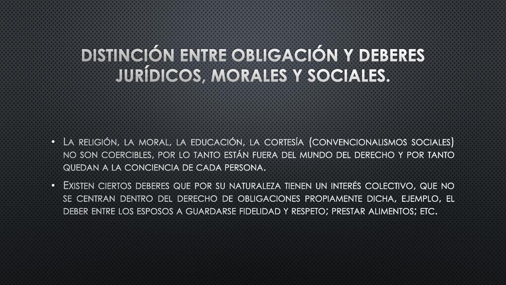 Distinción entre obligación y deberes jurídicos, morales y sociales.