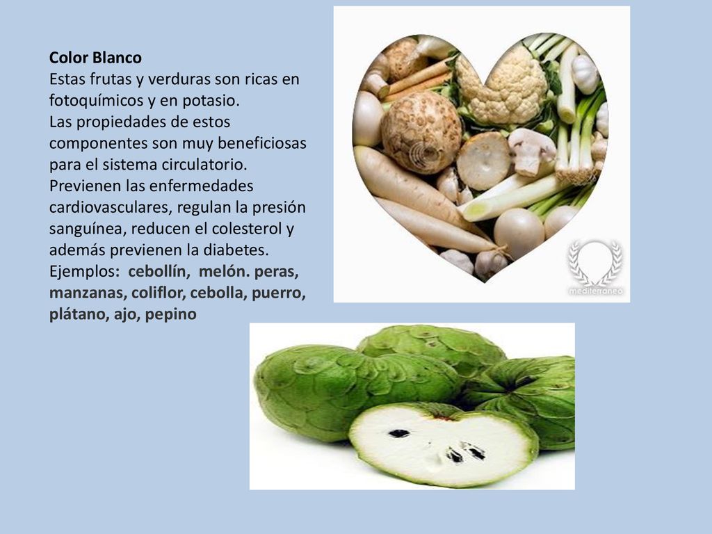 Color Blanco Estas frutas y verduras son ricas en fotoquímicos y en potasio.