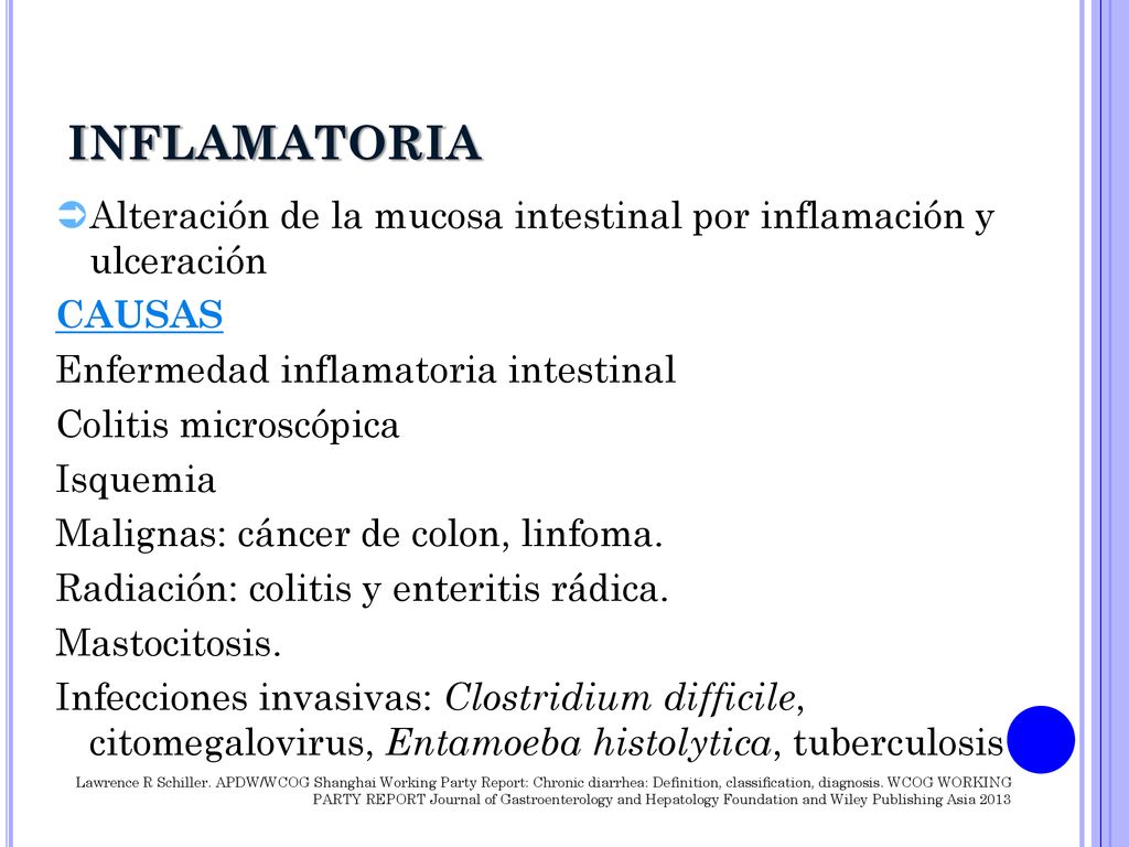 INFLAMATORIA Alteración de la mucosa intestinal por inflamación y ulceración. CAUSAS. Enfermedad inflamatoria intestinal.