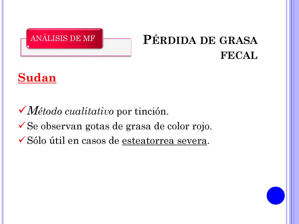 Pérdida de grasa fecal Sudan Método cualitativo por tinción.