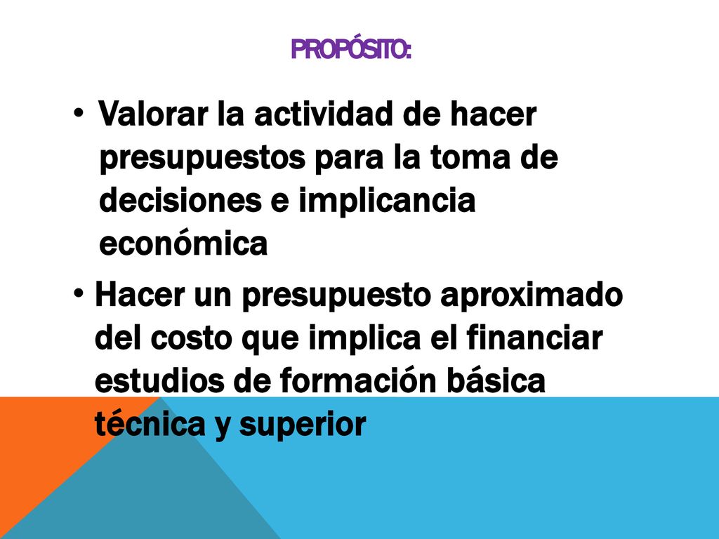 Propósito: Valorar la actividad de hacer presupuestos para la toma de decisiones e implicancia económica.