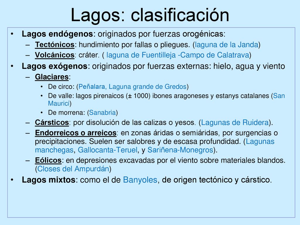 Lagos: clasificación Lagos endógenos: originados por fuerzas orogénicas: Tectónicos: hundimiento por fallas o pliegues. (laguna de la Janda)