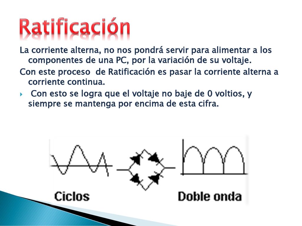 Ratificación La corriente alterna, no nos pondrá servir para alimentar a los componentes de una PC, por la variación de su voltaje.