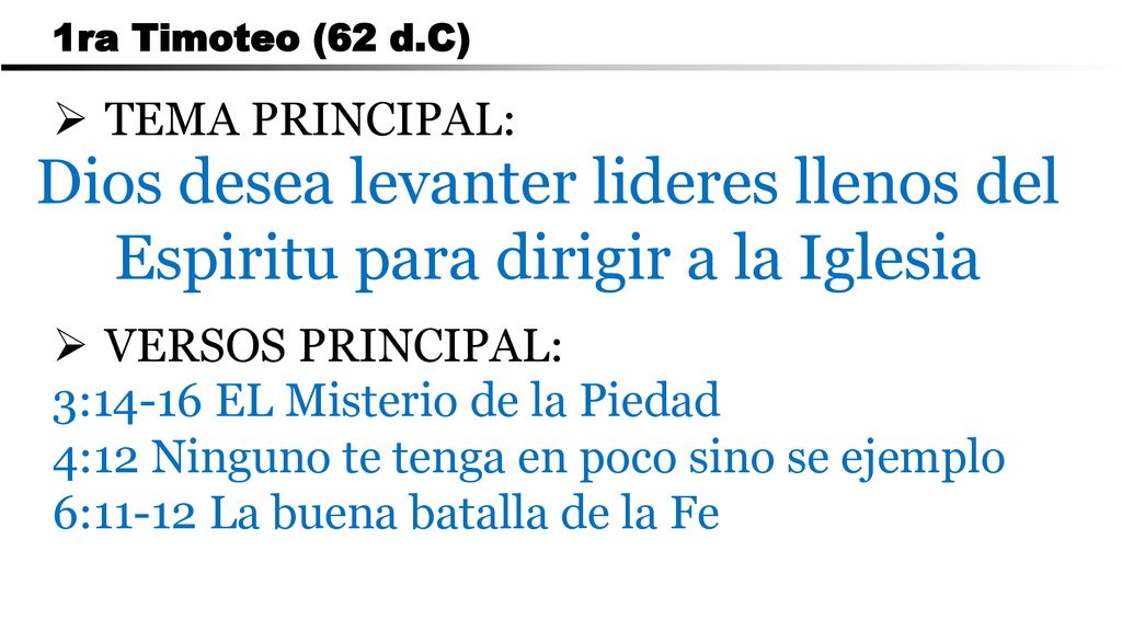 CARTA A LOS ROMANOS 1ra Timoteo (62 d.C) TEMA PRINCIPAL: Dios desea levanter lideres llenos del Espiritu para dirigir a la Iglesia.