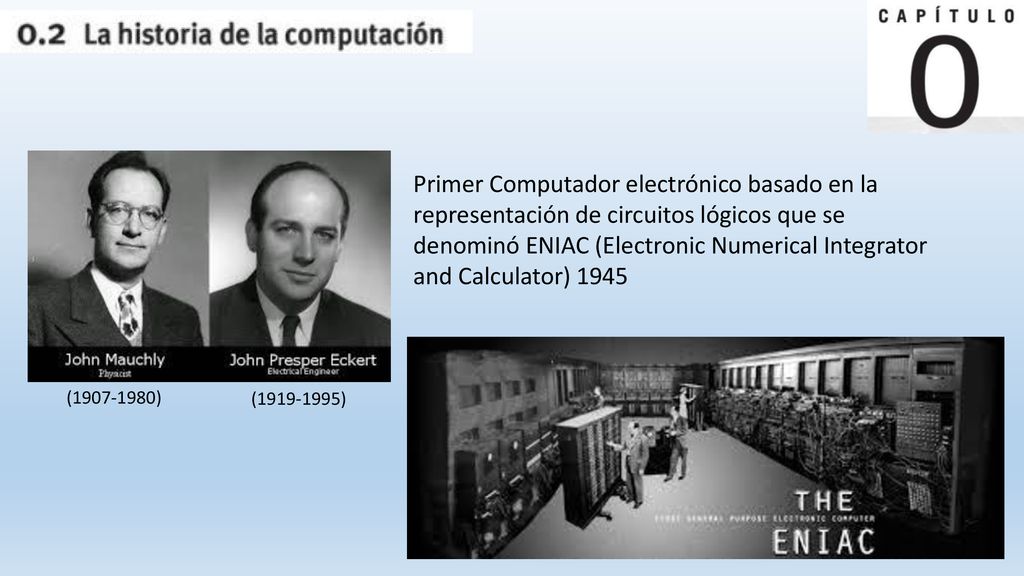 Primer Computador electrónico basado en la representación de circuitos lógicos que se denominó ENIAC (Electronic Numerical Integrator and Calculator) 1945
