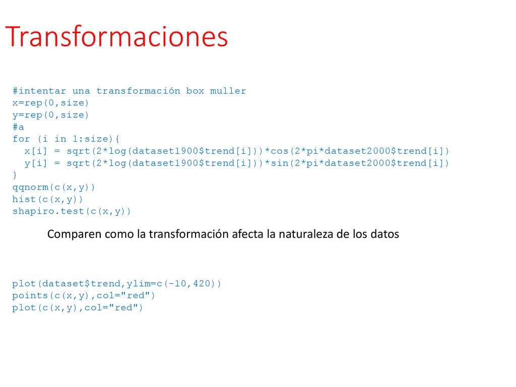 Transformaciones #intentar una transformación box muller. x=rep(0,size) y=rep(0,size) #a. for (i in 1:size){