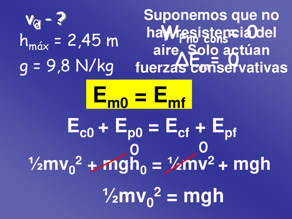 Em0 = Emf Ec0 + Ep0 = Ecf + Epf ½mv02 = mgh vd - WFno cons= 0 ΔEm= 0