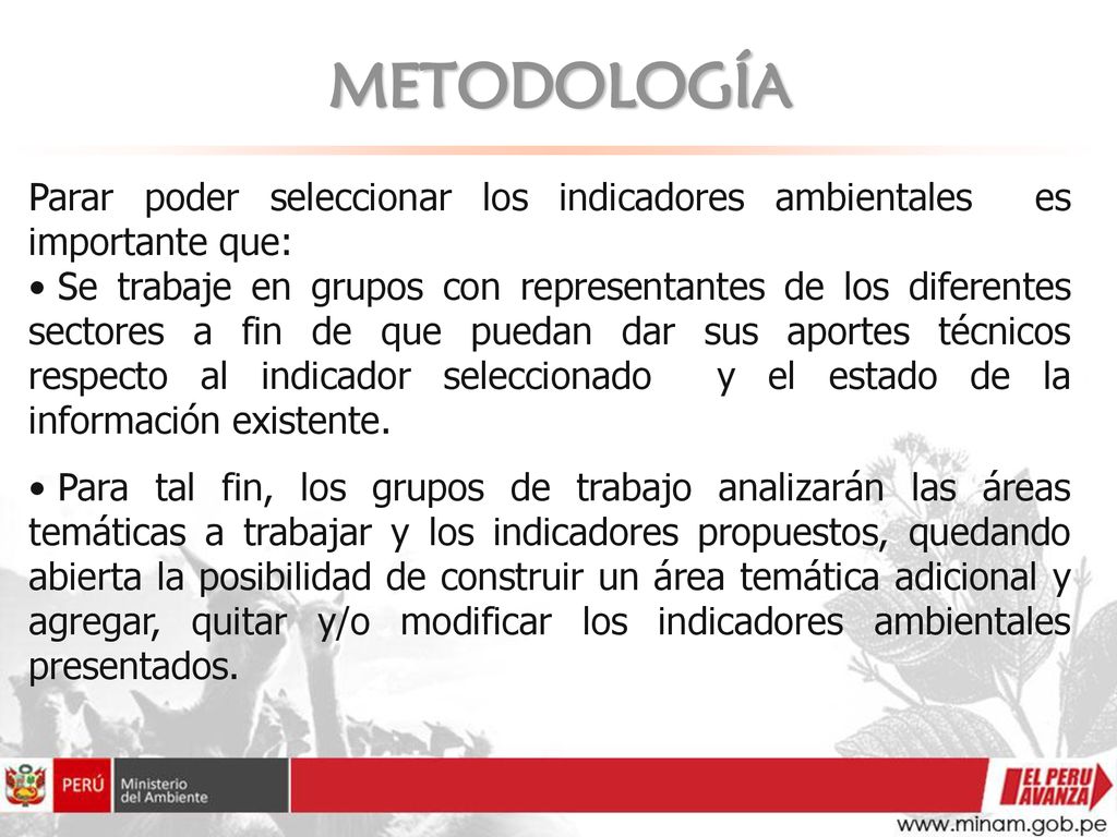METODOLOGÍA Parar poder seleccionar los indicadores ambientales es importante que: