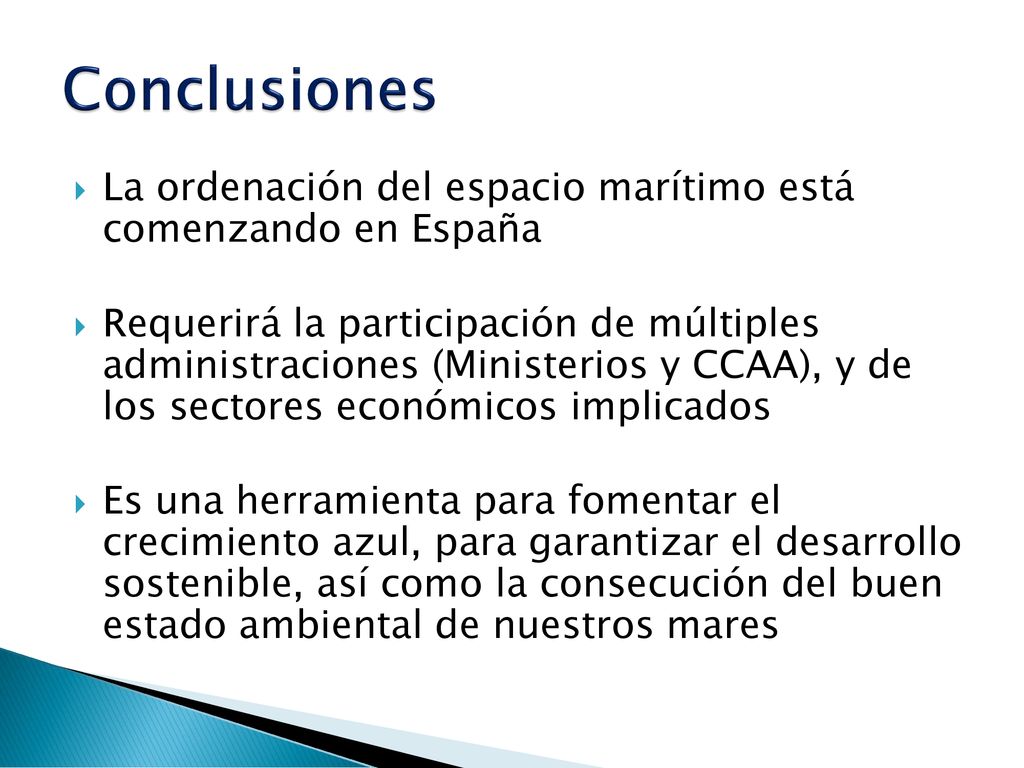 Conclusiones La ordenación del espacio marítimo está comenzando en España.