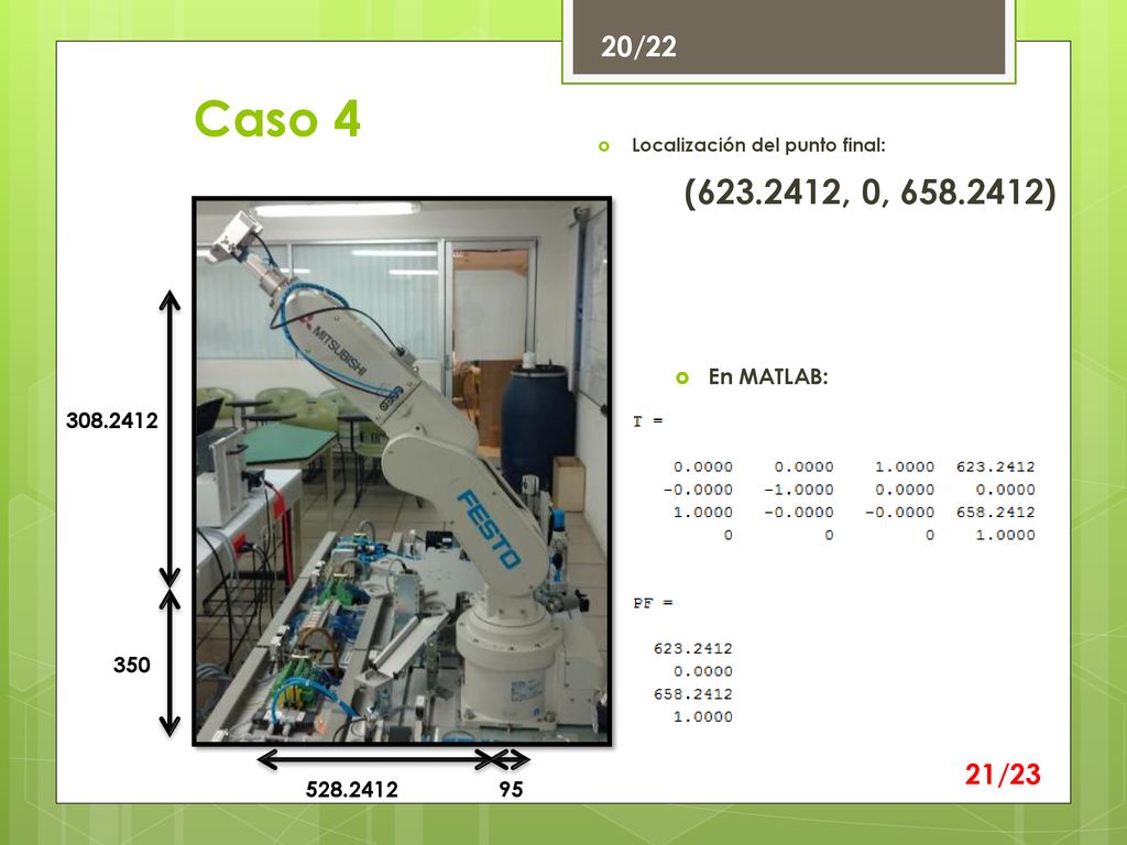 20/22 Caso 4. Localización del punto final: ( , 0, ) En MATLAB: /23.