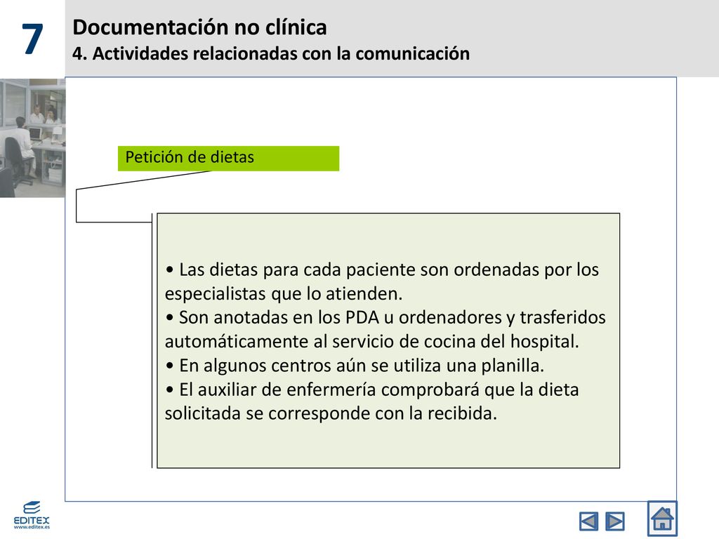 7 Documentación no clínica 4. Actividades relacionadas con la comunicación. Petición de dietas.