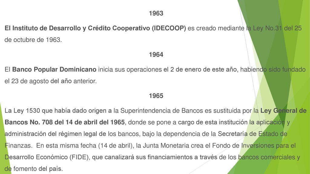 1963 El Instituto de Desarrollo y Crédito Cooperativo (IDECOOP) es creado mediante la Ley No.31 del 25 de octubre de 1963.