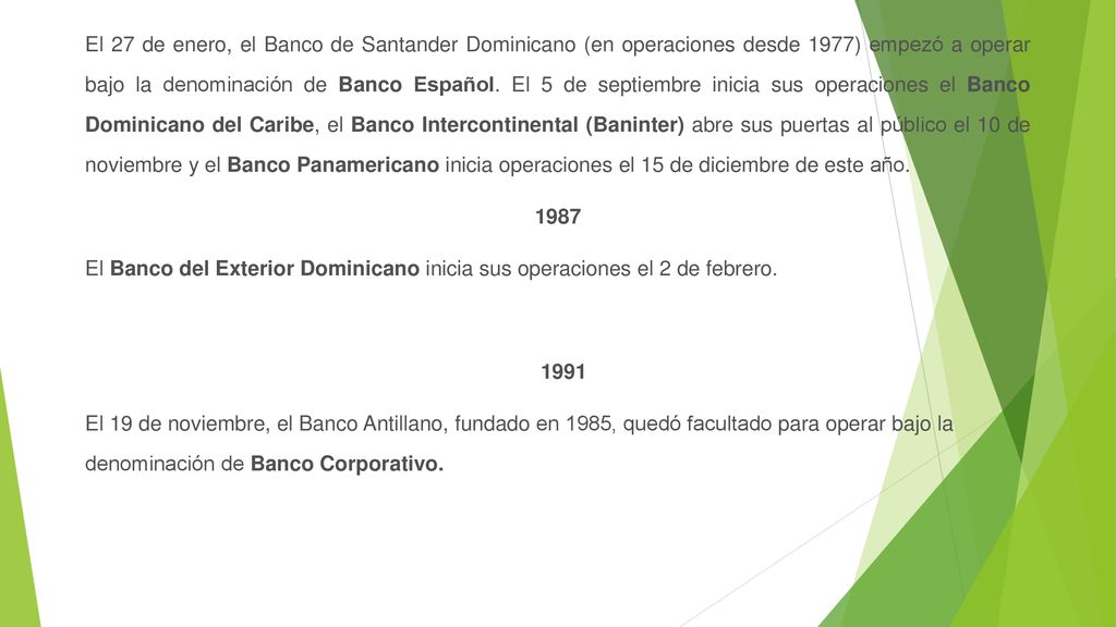 El 27 de enero, el Banco de Santander Dominicano (en operaciones desde 1977) empezó a operar bajo la denominación de Banco Español.