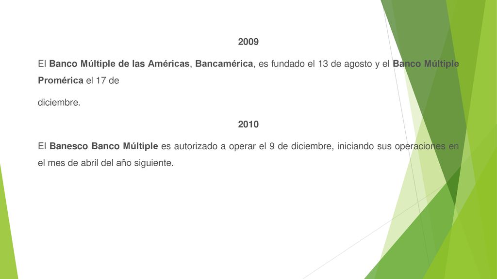 2009 El Banco Múltiple de las Américas, Bancamérica, es fundado el 13 de agosto y el Banco Múltiple Promérica el 17 de diciembre.