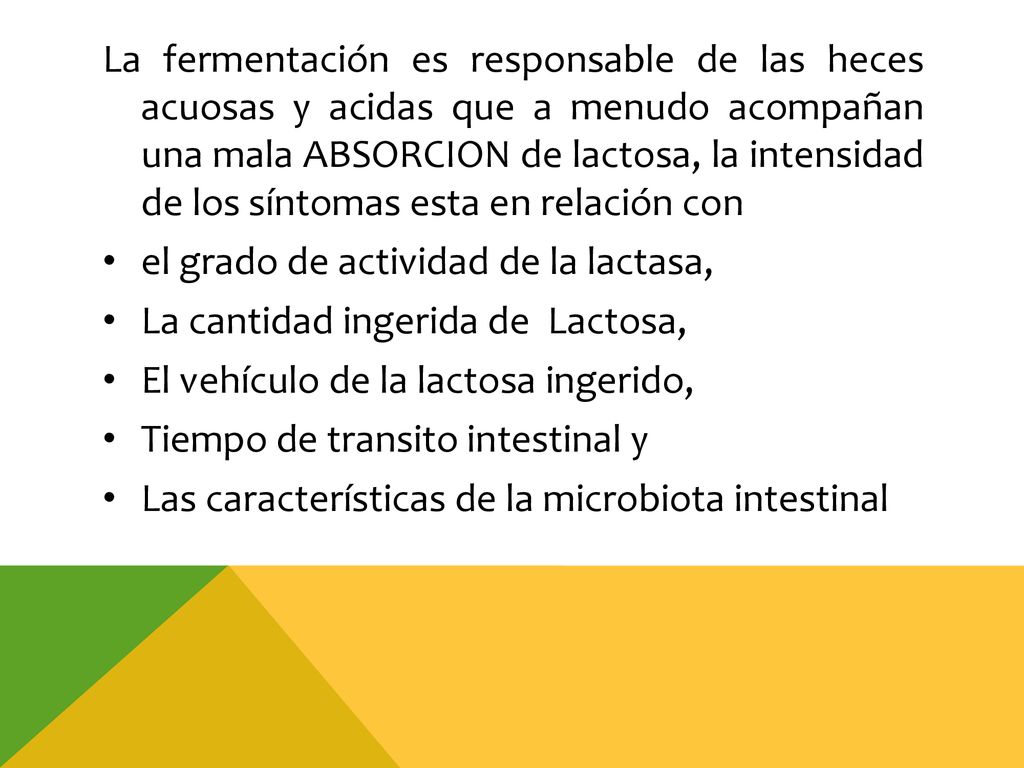 La fermentación es responsable de las heces acuosas y acidas que a menudo acompañan una mala ABSORCION de lactosa, la intensidad de los síntomas esta en relación con