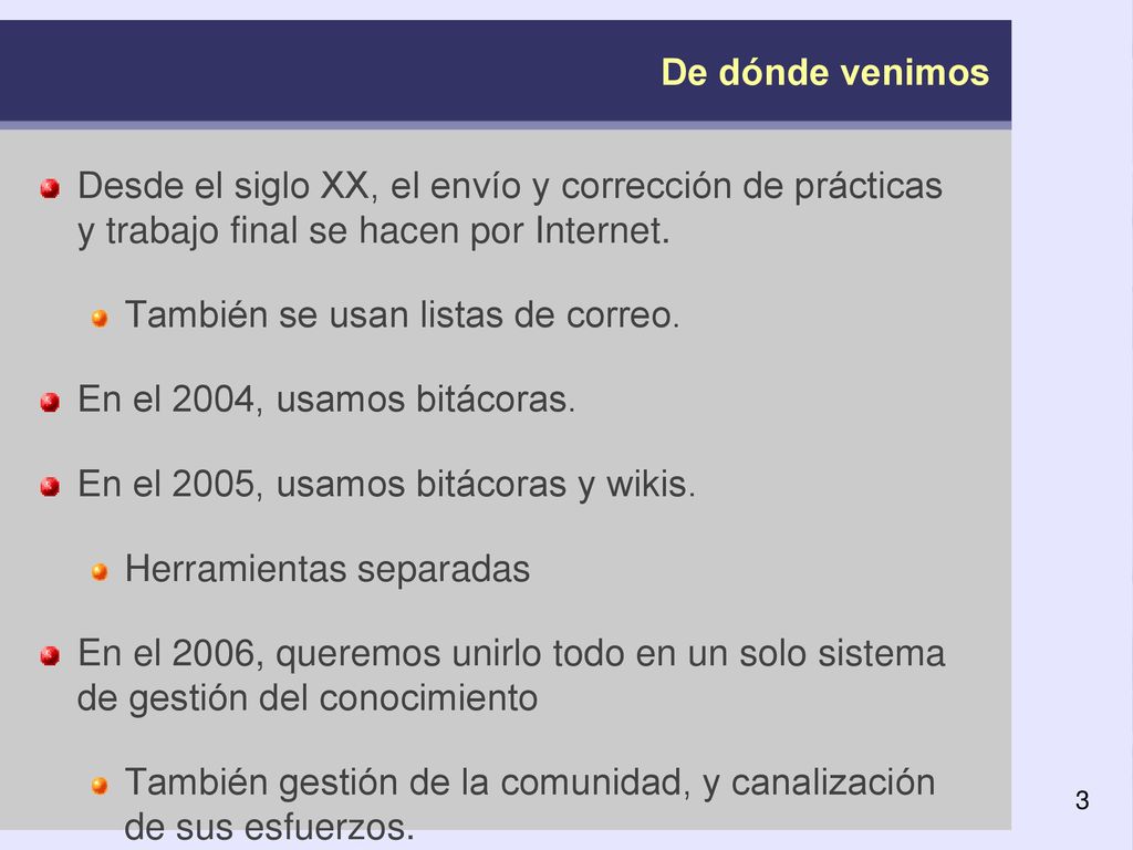 De dónde venimos Desde el siglo XX, el envío y corrección de prácticas y trabajo final se hacen por Internet.