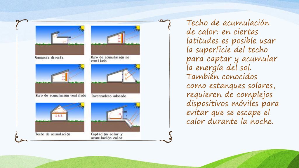 Techo de acumulación de calor: en ciertas latitudes es posible usar la superficie del techo para captar y acumular la energía del sol.